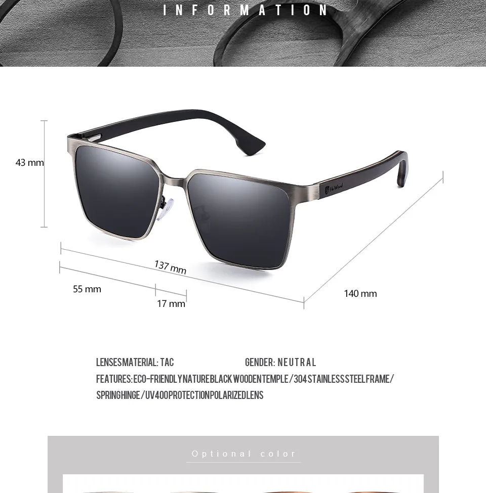 Men's Square Metal Frame Sunglasses Spring Wood Temple With Polarized Lenses 4 Colors Gr8037