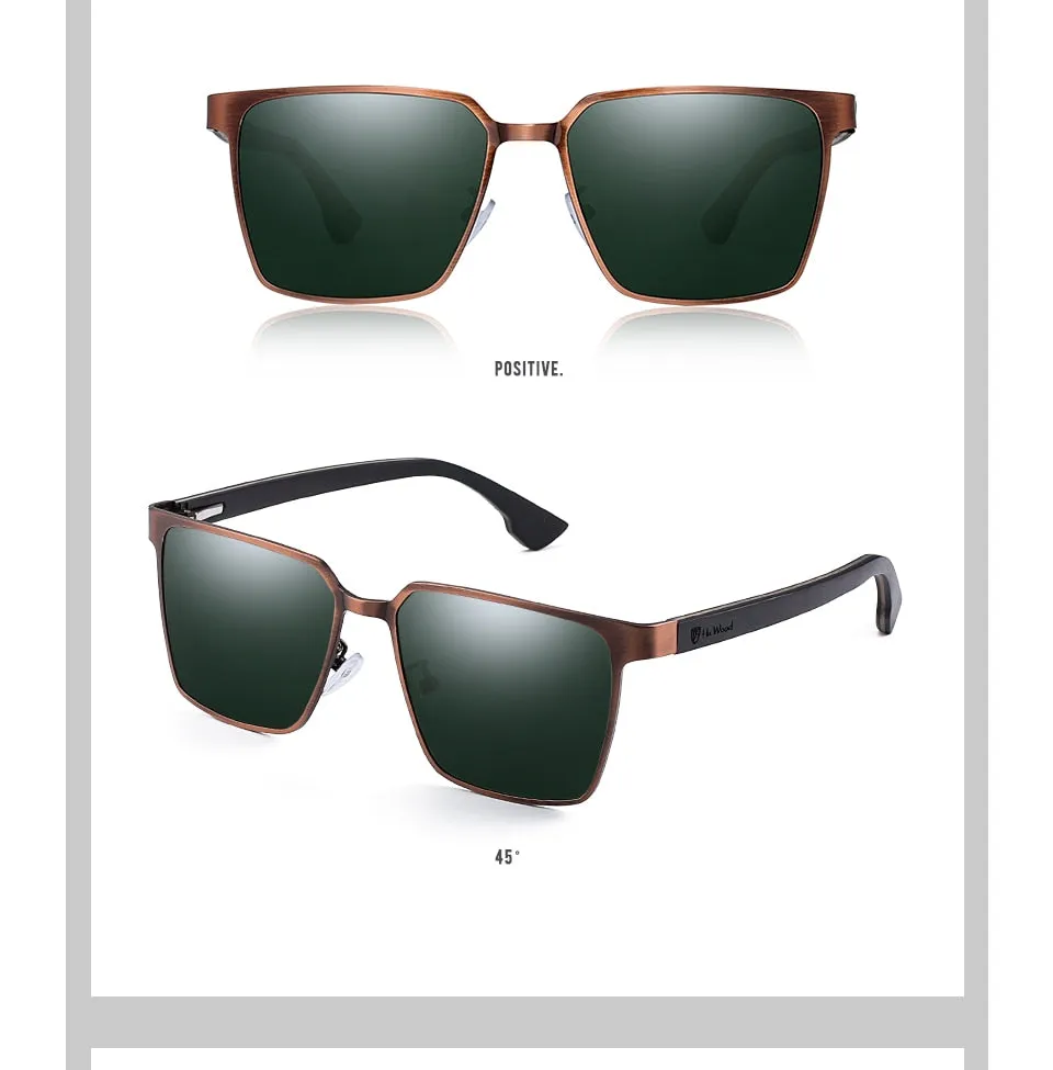 Men's Square Metal Frame Sunglasses Spring Wood Temple With Polarized Lenses 4 Colors Gr8037