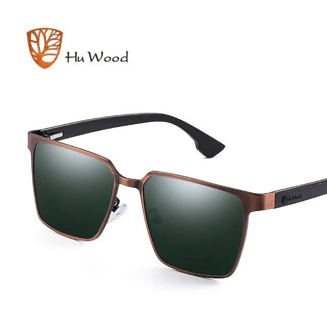 Men's Square Metal Frame Sunglasses Spring Wood Temple With Polarized Lenses 4 Colors Gr8037