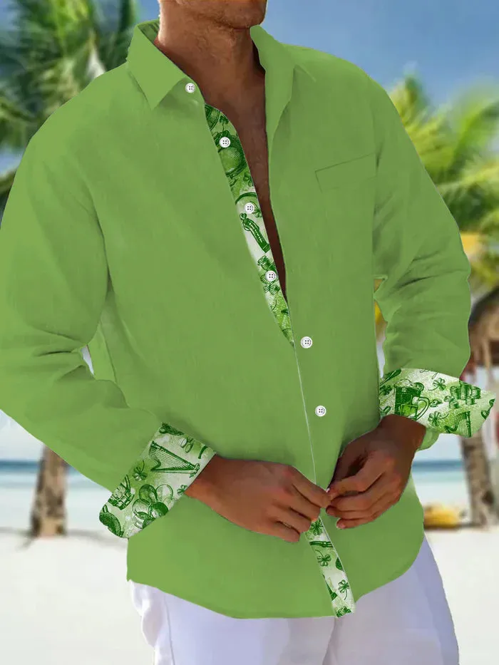 St. Patrick's Day Shamrock Print Long Sleeve Men's Shirts With Pocket
