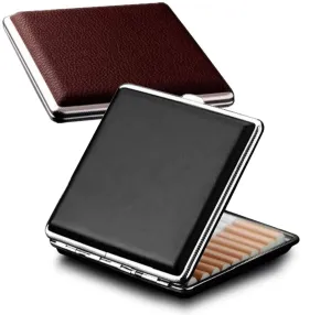tlhaoa 2-pack Leather Cigarette Case, Crush-proof metal construction, 84mm, 20 Capacity, Black   Brown