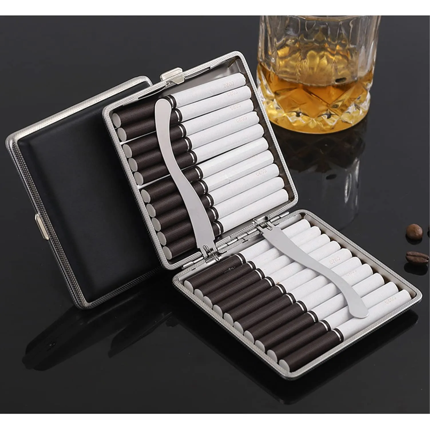 tlhaoa 2-pack Leather Cigarette Case, Crush-proof metal construction, 84mm, 20 Capacity, Black   Brown